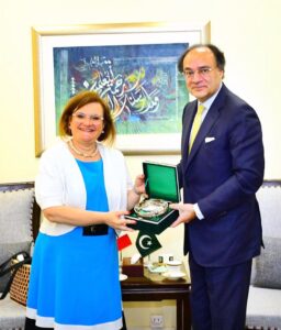 Federal Minister for Finance & Revenue Senator Muhammad Aurangzeb was called on by Ambassador of Italy to Pakistan H.E. Ms. Marilina Armellin.