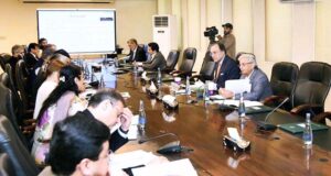 Federal Minister for Finance & Revenue Senator Muhammad Aurangzeb presiding over a meeting of Economic Coordination Committee (ECC).