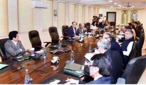 Federal Minister for Finance & Revenue Senator Muhammad Aurangzeb presiding over a meeting of Economic Coordination Committee (ECC).