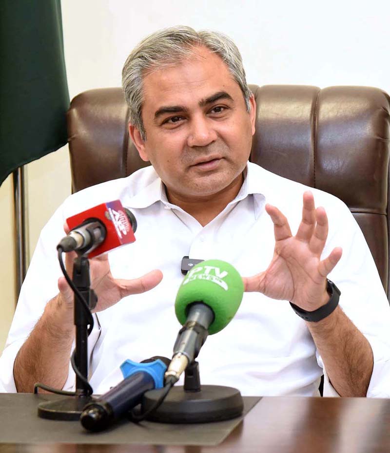 Federal Minister for Interior, Mohsin Naqvi talking to media at GOR.