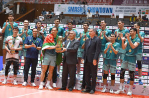 Federal Minister for Planning, Development, and Special Initiatives and Inter Provincial Coordination, Ahsan Iqbal Chaudhary along with the dignitaries and the winner Pakistan team stand in respect of national anthem as Pakistan wins the 2nd Engro Central Asian Volleyball Championship 2024 in the final match against Turkmenistan at Pakistan Sports Complex.