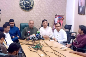 Patron-in-chief of Pakistan Hindu Council Dr Ramesh Kumar Vankwani addressing press conference at Pakistan Hindu Council Secretariat.