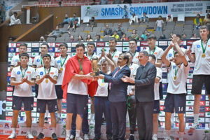 Federal Minister for Planning, Development, and Special Initiatives and Inter Provincial Coordination, Ahsan Iqbal Chaudhary along with the dignitaries and the winner Pakistan team stand in respect of national anthem as Pakistan wins the 2nd Engro Central Asian Volleyball Championship 2024 in the final match against Turkmenistan at Pakistan Sports Complex.