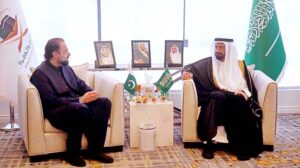 Federal Minister of Religious Affairs and Interfaith Harmony, Chaudhry Salik Hussain meeting with Saudi Minister of Hajj and Umrah, Dr. Tawfiq bin Fawzan Al-Rabiyyah.