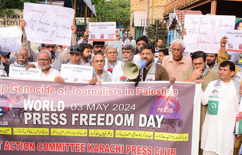 Journalists stage a rally observing World Press Freedom Day 2024 at KPC
