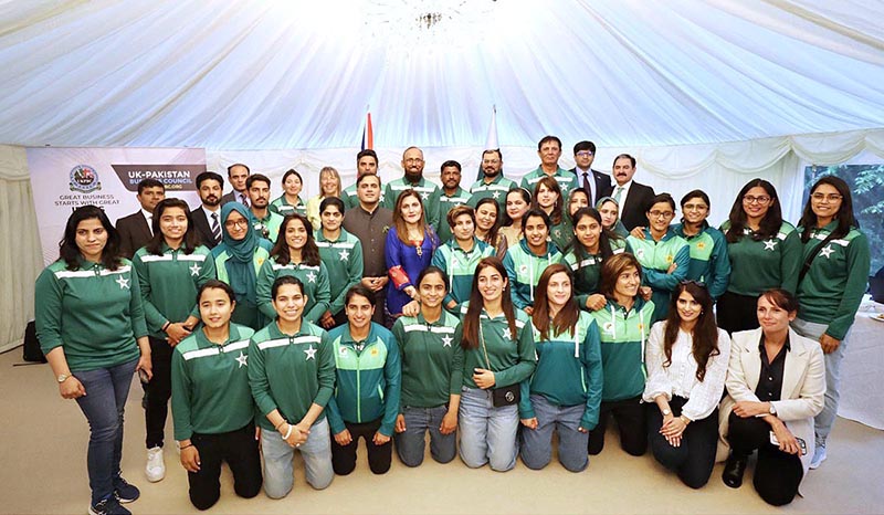 Pakistan Women's Cricket Team in a group photo with High Commissioner of Pakistan to UK, Dr. Mohammad Faisal at Pakistan House.