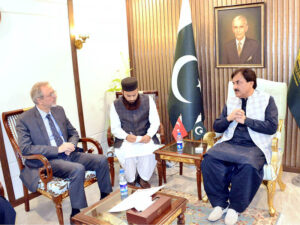 Acting Chairman Senate, Syedaal Khan in a meeting with the Ambassador of Turkiye, Mehmet Paçaci at Parliament House.