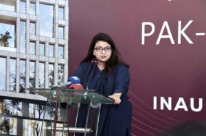 Minister of State for IT and Telecommunication Ms. Shaza Fatima Khawaja addresses the inaugural ceremony of Pak-Qatar IT Tower.
