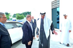 Prime Minister Muhammad Shehbaz Sharif and President of UAE H.H Sheikh Muhammad bin Zayed Al Nahyan during a meeting.
