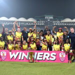 West Indies Women’s Cricket Team posing for group photo with trophy after winning the T20I Series by 1-4 at National Bank Stadium