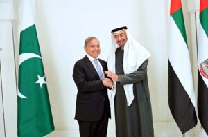 Prime Minister Muhammad Shehbaz Sharif and President of UAE H.H Sheikh Muhammad bin Zayed Al Nahyan during a meeting.