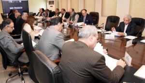 Finance Minister Muhammad Aurangzeb presiding over a meeting of Economic Coordination Committee (ECC).