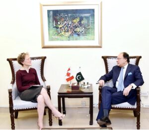 Federal Minister for Finance & Revenue, Senator Muhammad Aurangzeb calls on by Canadian High Commissioner to Pakistan, Leslie Scanlon.