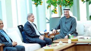 Prime Minister Muhammad Shehbaz Sharif and President of UAE H.H Sheikh Muhammad bin Zayed Al Nahyan in delighted mood during a meeting.
