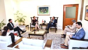 Federal Minister for Finance & Revenue, Senator Muhammad Aurangzeb calls on by Canadian High Commissioner to Pakistan, Leslie Scanlon.