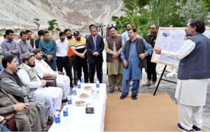 Chief Minister Gilgit-Baltistan Haji Gulbar Khan being briefed by Secretary Power GB about the Hinzil Power project.