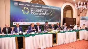 Federal Minister for Maritime Affairs Qaiser Ahmed Sheikh addressing at the occasion of "All Pakistan Chambers Presidents Conference, 2024".