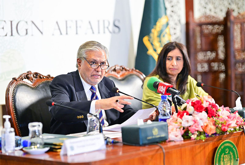 Deputy Prime Minister and Foreign Minister Senator Mohammad Ishaq Dar, addressing a press conference at Ministry of Foreign Affairs.