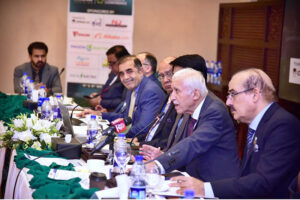 Federal Minister for Maritime Affairs Qaiser Ahmed Sheikh addressing at the occasion of "All Pakistan Chambers Presidents Conference, 2024".