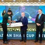 As a token of appreciation for their stellar performance in the 30th Sultan Azlan Shah Hockey Tournament held recently in Malaysia, Prime Minister Muhammad Shehbaz Sharif presenting cheques to the players of national Hockey team at a reception he hosted.