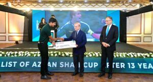 As a token of appreciation for their stellar performance in the 30th Sultan Azlan Shah Hockey Tournament held recently in Malaysia, Prime Minister Muhammad Shehbaz Sharif presenting cheques to the players of national Hockey team at a reception he hosted.