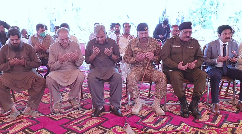 Federal Minister for Interior Mohsin Naqvi offering Fatiha at the residence of Shaheed Major Babar Khan.