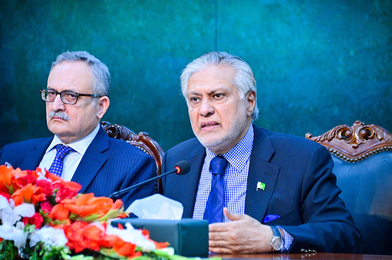 Deputy Prime Minister and Foreign Minister Senator Mohammad Ishaq Dar addressing a press conference.