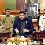 Governor Sindh Kamran Khan Tessori addressing a press conference at Governor House