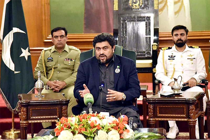 Governor Sindh Kamran Khan Tessori addressing a press conference at Governor House