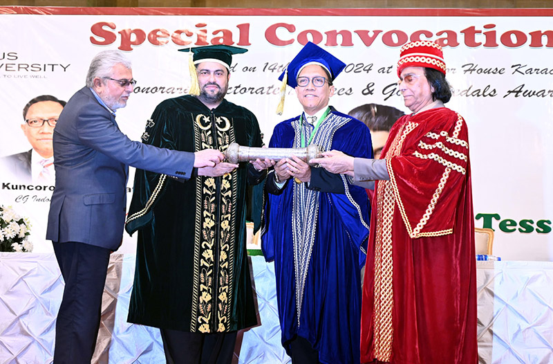 Governor Sindh Kamran Khan Tessori awards honorary degree to Consul General of Indonesia Dr. June Kuncoro Hadiningrat at Governor House during Special Convocation 2024 at Governor House.