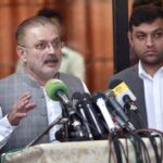 Sindh Minister for Transport and Mass Transit, Information and Excise and Taxation Sharjeel Inam Memon talking to media persons at Orangi Town.