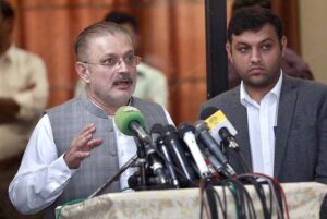 Sindh Minister for Transport and Mass Transit, Information and Excise and Taxation Sharjeel Inam Memon talking to media persons at Orangi Town.
