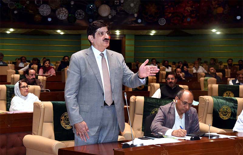 Sindh Chief Minister Syed Murad Ali Shah speaks on the floor of the Sindh Assembly