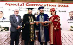 Governor Sindh Kamran Khan Tessori awards honorary degree to Consul General of Indonesia Dr. June Kuncoro Hadiningrat at Governor House during Special Convocation 2024 at Governor House.