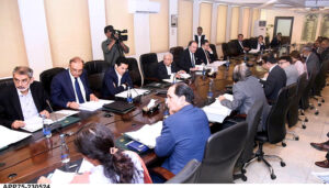 Federal Minister for Finance & Revenue Senator Muhammad Aurangzeb presiding over a meeting of Economic Coordination Committee (ECC).