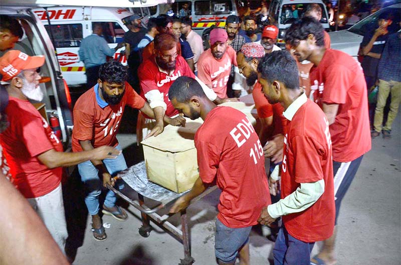 The bodies of the seven labourers, who were killed near Gwadar a day earlier, arrived at Edhi mortuary Soharab Goth