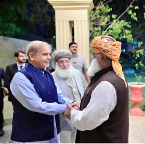 Prime Minister Muhammad Shehbaz Sharif meets Maulana Fazlur Rehman.