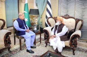 Prime Minister Muhammad Shehbaz Sharif meets Maulana Fazlur Rehman.