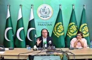 Federal Minister for Finance and Revenue Senator Muhammad Aurangzeb addressing media persons at PTV Headquarters.