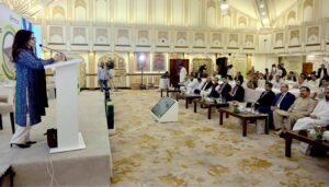 Chairperson Senate Standing Committee for Climate Change, Sherry Rehman addressing during the seminar title “Building Resilience by Strengthening the Community (BRSC) -II Project Ends”.