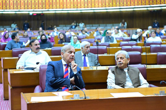 Prime Minister Muhammad Shehbaz Sharif attends a session of National Assembly