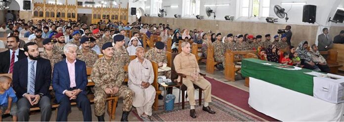 Prime Minister Muhammad Shehbaz Sharif attends the memorial service of Pakistan Army's sepoy Haroon William in Saint Paul's Church