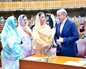 Prime Minister Muhammad Shehbaz Sharif interacts with parliamentarians during a session of the National Assembly.