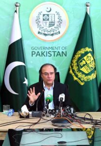 Federal Minister for Finance and Revenue Senator Muhammad Aurangzeb addressing media persons at PTV Headquarters.