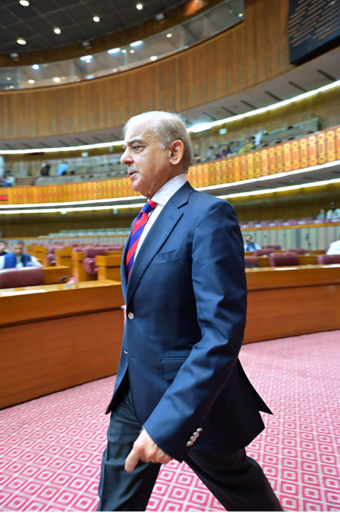 Prime Minister Muhammad Shehbaz Sharif arrives to attend a session of National Assembly