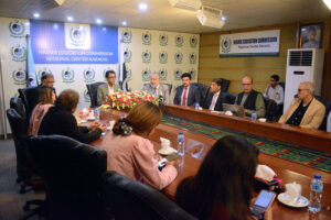 Federal Minister for Education and Professional Training Dr Khalid Maqbool Siddiqui chairs a meeting to discuss establishing campuses of educational institutions in Sindh at HEC Regional office