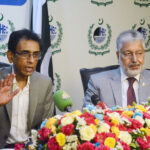 Federal Minister for Education and Professional Training Dr Khalid Maqbool Siddiqui talking to media persons after attending meeting to discuss establishing campuses of educational institutions in Sindh at HEC Regional office