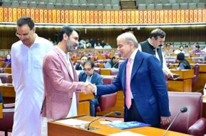Prime Minister Muhammad Shehbaz Sharif interacts with parliamentarians during a session of the National Assembly.