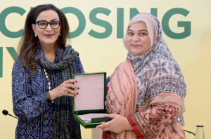 Chairperson Senate Standing Committee for Climate Change, Sherry Rehman addressing during the seminar title “Building Resilience by Strengthening the Community (BRSC) -II Project Ends”.
