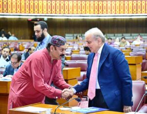 Prime Minister Muhammad Shehbaz Sharif interacts with parliamentarians during a session of the National Assembly.